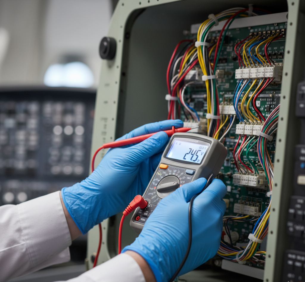 Technicien de maintenance travaillant avec précision sur un composant d'avion