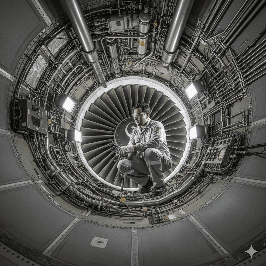 Technicien de maintenance travaillant sur un moteur d'avion